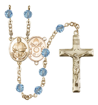 14 Karat Gold 6mm Austrian Crystal Pope Francis Rosary in Aqua