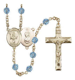 14 Karat Gold 6mm Austrian Crystal Saint Christopher/Baseball Rosary in Aqua