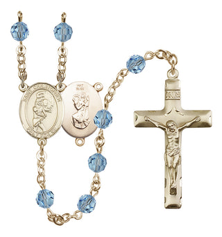 14 Karat Gold 6mm Austrian Crystal Saint Christopher/Softball Rosary in Aqua
