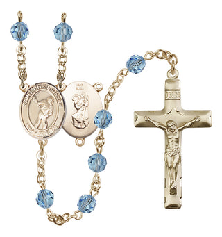 14 Karat Gold 6mm Austrian Crystal Saint Christopher/Lacrosse Rosary in Aqua
