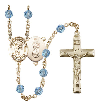 14 Karat Gold 6mm Austrian Crystal Saint Christopher/Basketball-Women Rosary in Aqua
