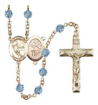 14 Karat Gold 6mm Austrian Crystal Saint Sebastian / Hockey Rosary in Aqua
