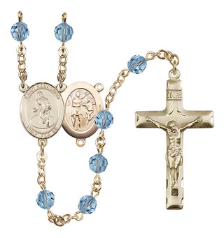 14 Karat Gold 6mm Austrian Crystal Saint Sebastian/Wrestling Rosary in Aqua