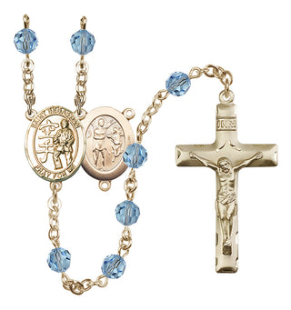 14 Karat Gold 6mm Austrian Crystal Saint Sebastian/Karate Rosary in Aqua