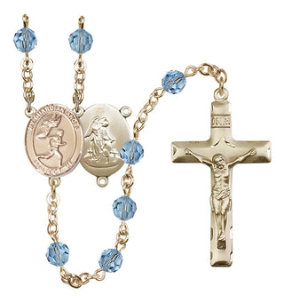 14 Karat Gold 6mm Austrian Crystal Guardian Angel/Track&Field-Men Rosary in Aqua