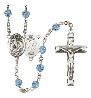 Sterling Silver 6mm Austrian Crystal Saint Michael / Nat'l Guard Rosary in Aqua