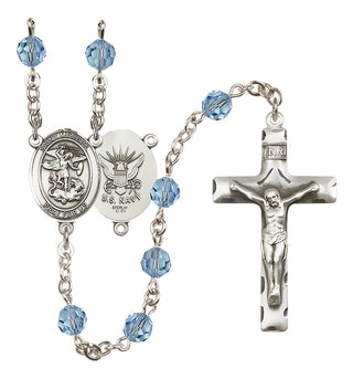 Sterling Silver 6mm Austrian Crystal Saint Michael / Navy Rosary in Aqua