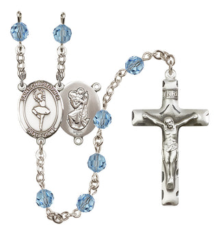 Sterling Silver 6mm Austrian Crystal Saint Christopher/Dance Rosary in Aqua