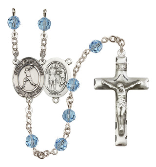 Sterling Silver 6mm Austrian Crystal Saint Sebastian/Baseball Rosary in Aqua