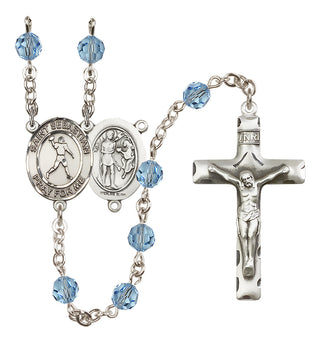 Sterling Silver 6mm Austrian Crystal Saint Sebastian/Football Rosary in Aqua