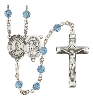 Sterling Silver 6mm Austrian Crystal Saint Sebastian/Skiing Rosary in Aqua