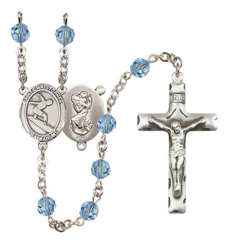 Sterling Silver 6mm Austrian Crystal Saint Christopher/Surfing Rosary in Aqua
