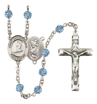 Sterling Silver 6mm Austrian Crystal Saint Christopher / Skiing Rosary in Aqua
