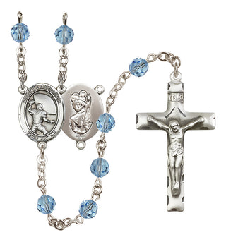 Sterling Silver 6mm Austrian Crystal Saint Christopher / Football Rosary in Aqua
