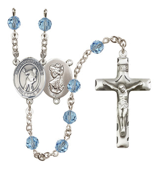 Sterling Silver 6mm Austrian Crystal Saint Christopher/Lacrosse Rosary in Aqua
