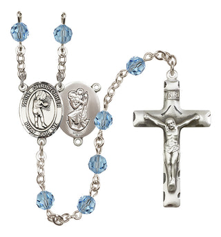 Sterling Silver 6mm Austrian Crystal Saint Christopher/Basketball-Women Rosary in Aqua