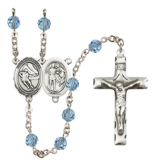 Sterling Silver 6mm Austrian Crystal Saint Sebastian / Hockey Rosary in Aqua