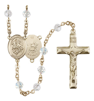 14 Karat Gold-Filled 6mm Austrian Crystal Saint George / Navy Rosary in Crystal