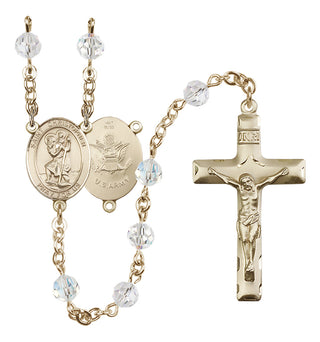 14 Karat Gold 6mm Austrian Crystal Saint Christopher / Army Rosary in Crystal