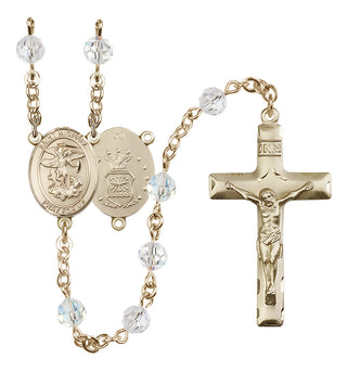 14 Karat Gold 6mm Austrian Crystal Saint Michael / Air Force Rosary in Crystal