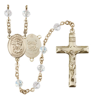 14 Karat Gold 6mm Austrian Crystal Saint Michael / Coast Guard Rosary in Crystal