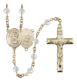 14 Karat Gold 6mm Austrian Crystal Saint Michael / Navy Rosary in Crystal
