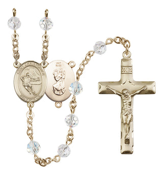 14 Karat Gold 6mm Austrian Crystal Saint Christopher/Hockey Rosary in Crystal