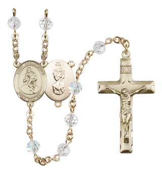 14 Karat Gold 6mm Austrian Crystal Saint Christopher/Wrestling Rosary in Crystal