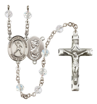 Sterling Silver 6mm Austrian Crystal Saint Christopher/Football Rosary in Crystal