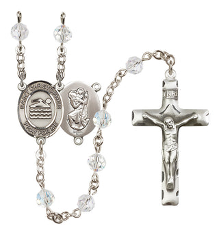 Sterling Silver 6mm Austrian Crystal Saint Christopher/Swimming Rosary in Crystal