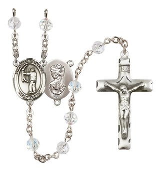 Sterling Silver 6mm Austrian Crystal Saint Christopher/Archery Rosary in Crystal