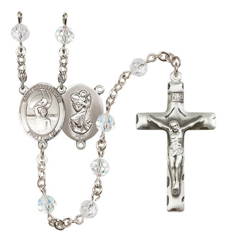Sterling Silver 6mm Austrian Crystal Saint Christopher/Water Polo Men Rosary in Crystal