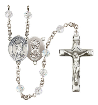 Sterling Silver 6mm Austrian Crystal Saint Christopher/Lacrosse Rosary in Crystal