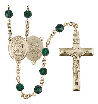 14 Karat Gold-Filled 6mm Austrian Crystal Saint Michael / Coast Guard Rosary in Emerald