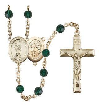 14 Karat Gold-Filled 6mm Austrian Crystal Saint Sebastian/Lacrosse Rosary in Emerald