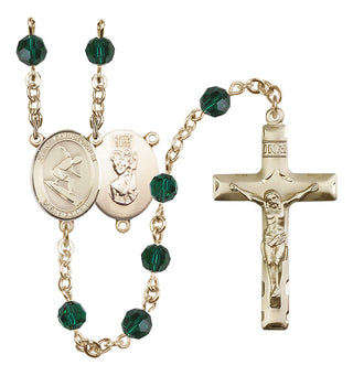 14 Karat Gold-Filled 6mm Austrian Crystal Saint Christopher/Surfing Rosary in Emerald