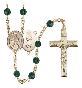 14 Karat Gold-Filled 6mm Austrian Crystal Saint Christopher / Field Hockey Rosary in Emerald