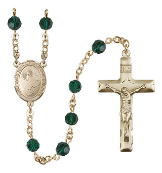 14 Karat Gold-Filled 6mm Austrian Crystal Footprints / Cross Rosary in Emerald