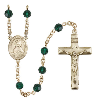 14 Karat Gold-Filled 6mm Austrian Crystal Immaculate Heart of Mary Rosary in Emerald