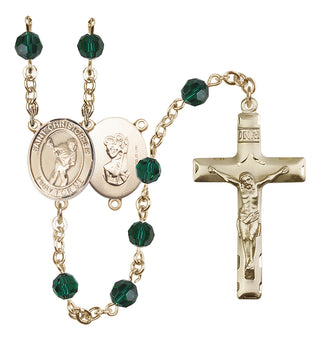 14 Karat Gold-Filled 6mm Austrian Crystal Saint Christopher/Lacrosse Rosary in Emerald