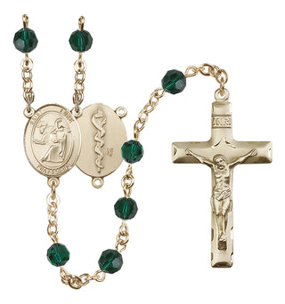 14 Karat Gold 6mm Austrian Crystal Saint Luke the Apostle / Doctor Rosary in Emerald