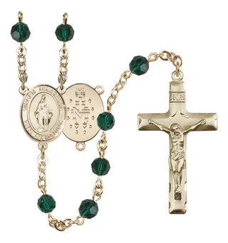 14 Karat Gold 6mm Austrian Crystal Virgen Milagrosa Rosary in Emerald