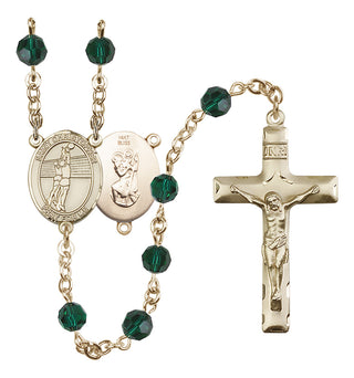 14 Karat Gold 6mm Austrian Crystal Saint Christopher/Volleyball Rosary in Emerald