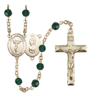 14 Karat Gold 6mm Austrian Crystal Saint Christopher/Cheerleading Rosary in Emerald