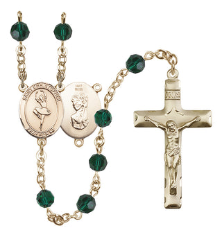 14 Karat Gold 6mm Austrian Crystal Saint Christopher/Dance Rosary in Emerald