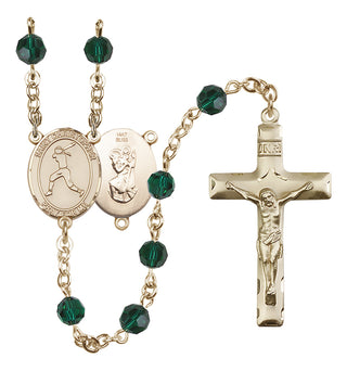 14 Karat Gold 6mm Austrian Crystal Saint Christopher/Softball Rosary in Emerald