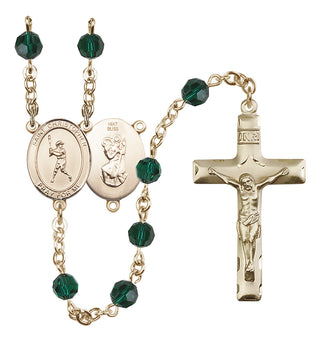 14 Karat Gold 6mm Austrian Crystal Saint Christopher/Baseball Rosary in Emerald