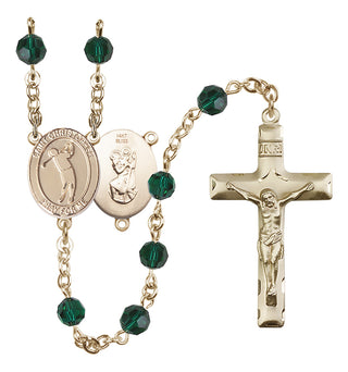 14 Karat Gold 6mm Austrian Crystal Saint Christopher/Golf Rosary in Emerald