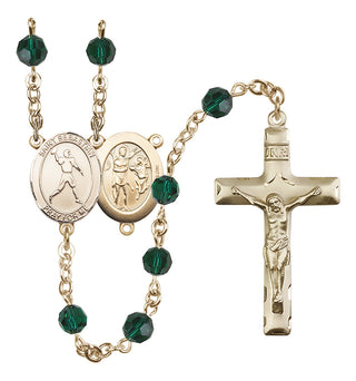 14 Karat Gold 6mm Austrian Crystal Saint Sebastian/Football Rosary in Emerald