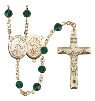 14 Karat Gold 6mm Austrian Crystal Saint Sebastian/Basketball Rosary in Emerald